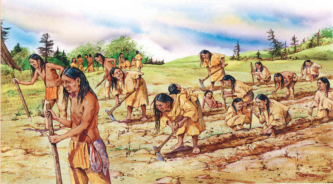 A painting depicts early Native American farmers working in a big, open field