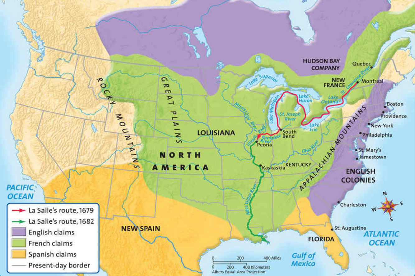 A map of North America with present day borders shows European claims in 1682.